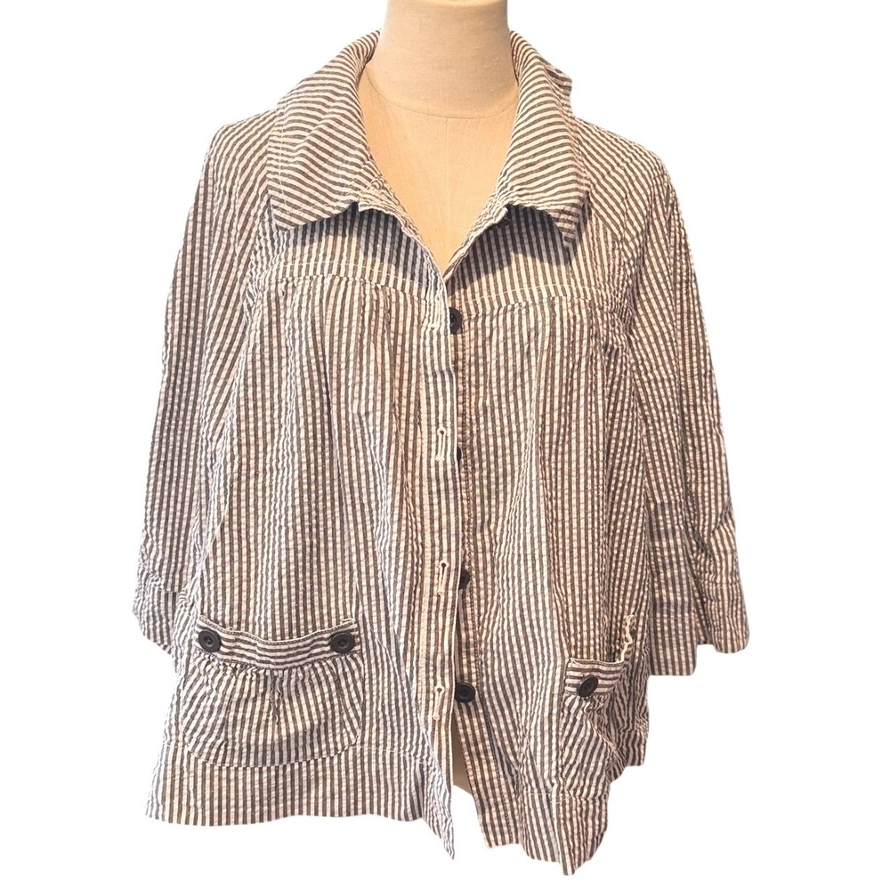 Sandro Sportswear Blue White Striped Seersucker Cotton‎ Button Up Shirt 2X